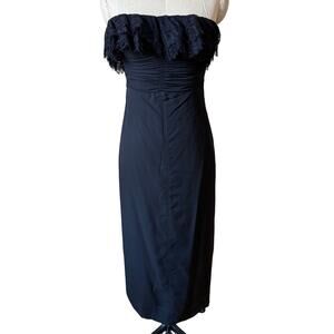 Vintage 90s Mayle Strapless Lace Trimmed Midi Dress in Black Size 4